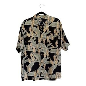 Tommy Bahama Mens S Black Tropical Ginger Flower Palm Rayon Button Down Shirt